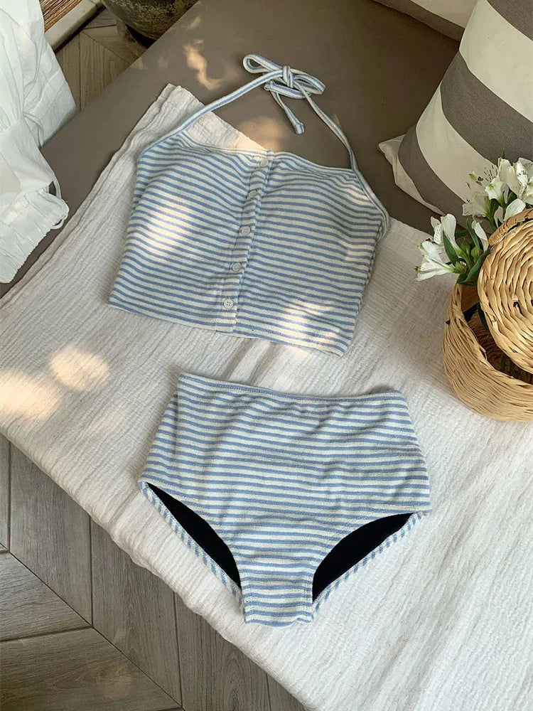 OIINAA Swimwear Women Sexy Black White Striped Bikini Set Halter Swimsuit Button Split Biquinis Two-pieces Bathing Suit Summer