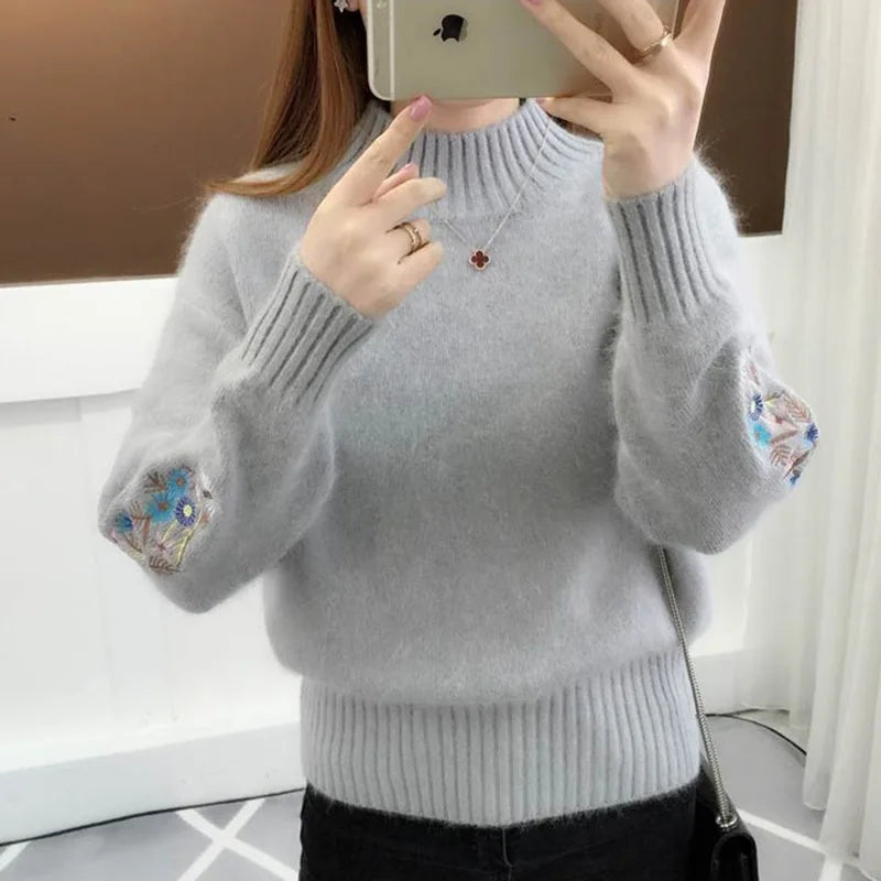 Stand Collar Solid Color Embroidery Sweater