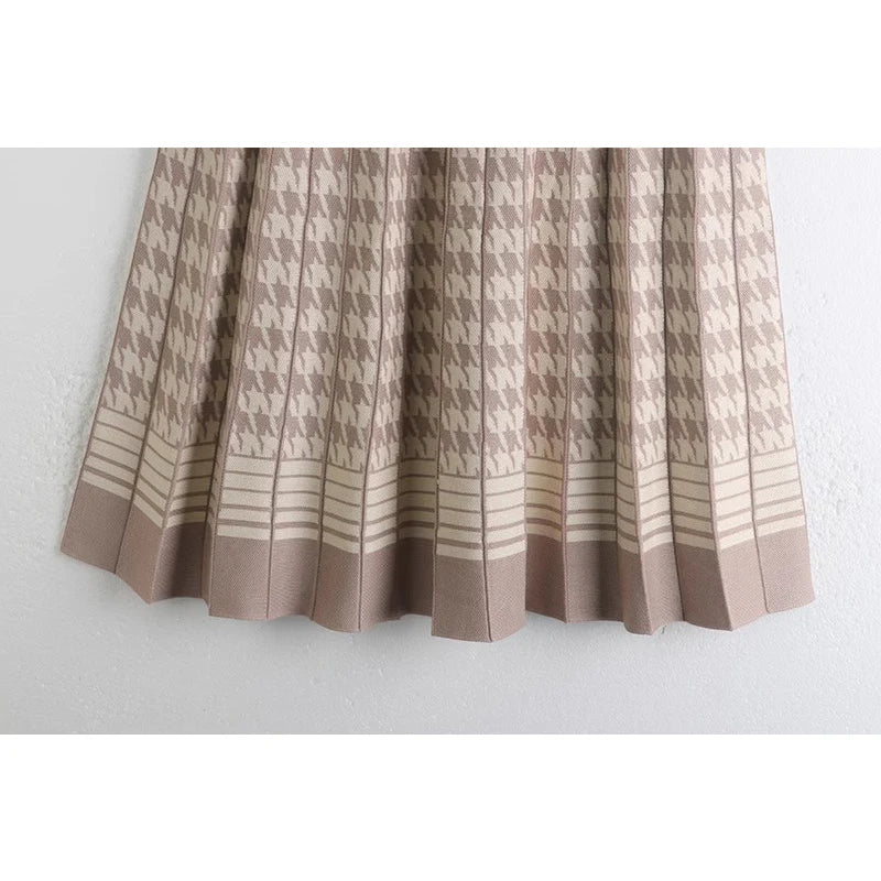 TIGENA Vintage Houndstooth Knitted Skirt for Women 2023 Autumn Winter Elegant Plaid High Waist Pleated Midi Long Skirt Female