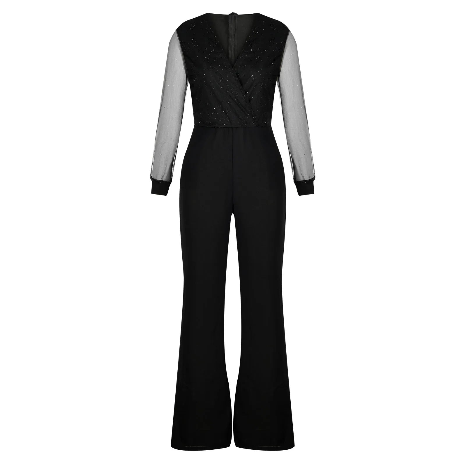 Black V-Neck Mesh Sequins Jumpsuit