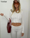 Vsstiar Women Casual Two Piece Set Long Sleeve Zip Up Hooded Crop Top High Waist Knitted Pants Fashion Solid Slim Matching Suits