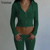 Vsstiar Women Casual Two Piece Set Long Sleeve Zip Up Hooded Crop Top High Waist Knitted Pants Fashion Solid Slim Matching Suits