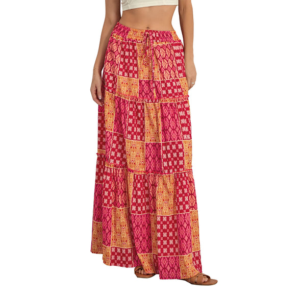 Combhasaki Women's Summer Bohemian Y2K Retro Drawstring Elastic High Waist Casual Loose A-Line Swing Long Skirt with Pockets