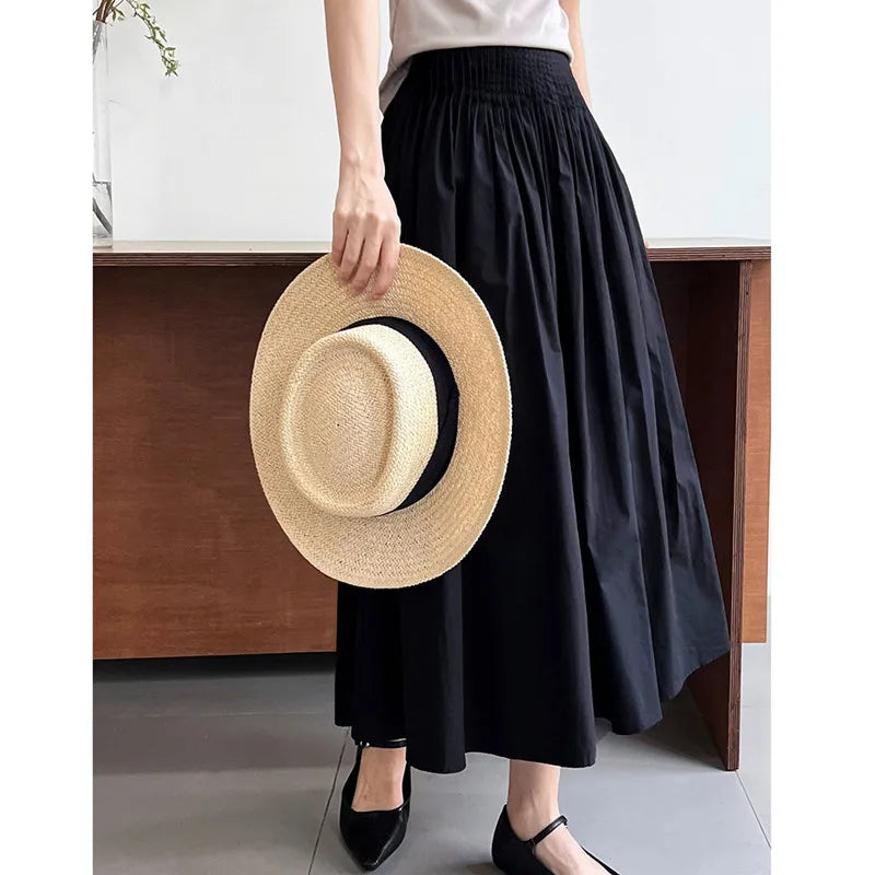 Long Skirt Korean Fashion Elegant Ladies Elastic High Waist A-Line Midi Pleated Skirt White Black Pink Gonna