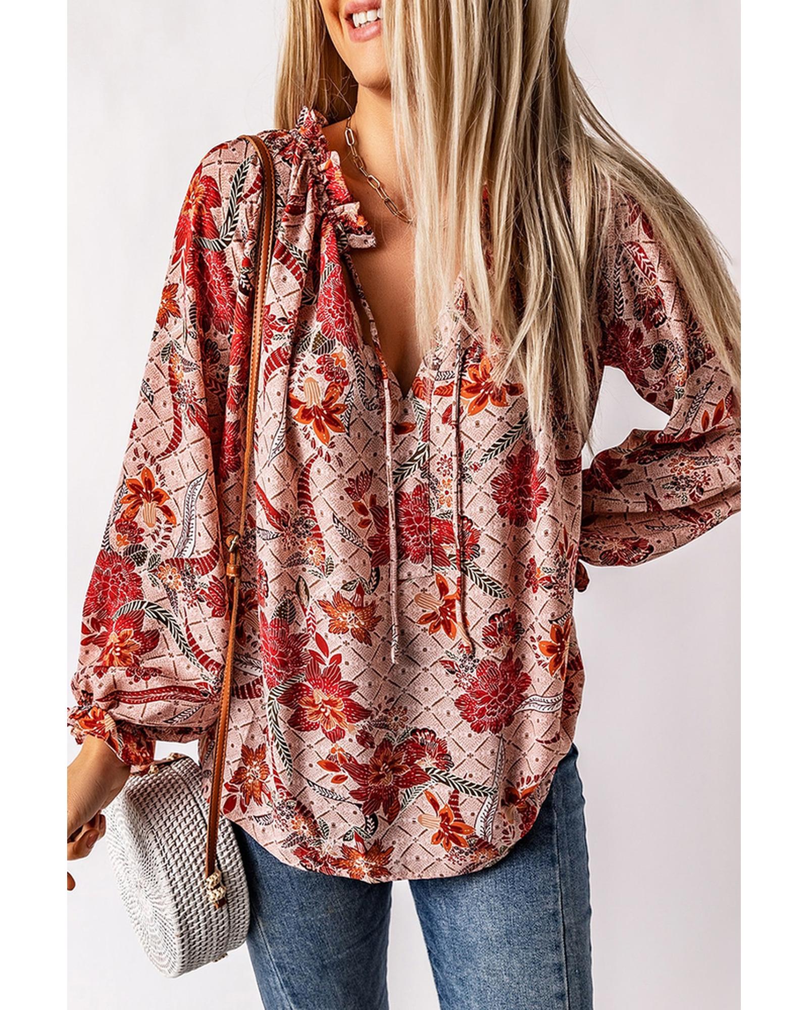 Azura Exchange Printed Split V Neck Blouse - M