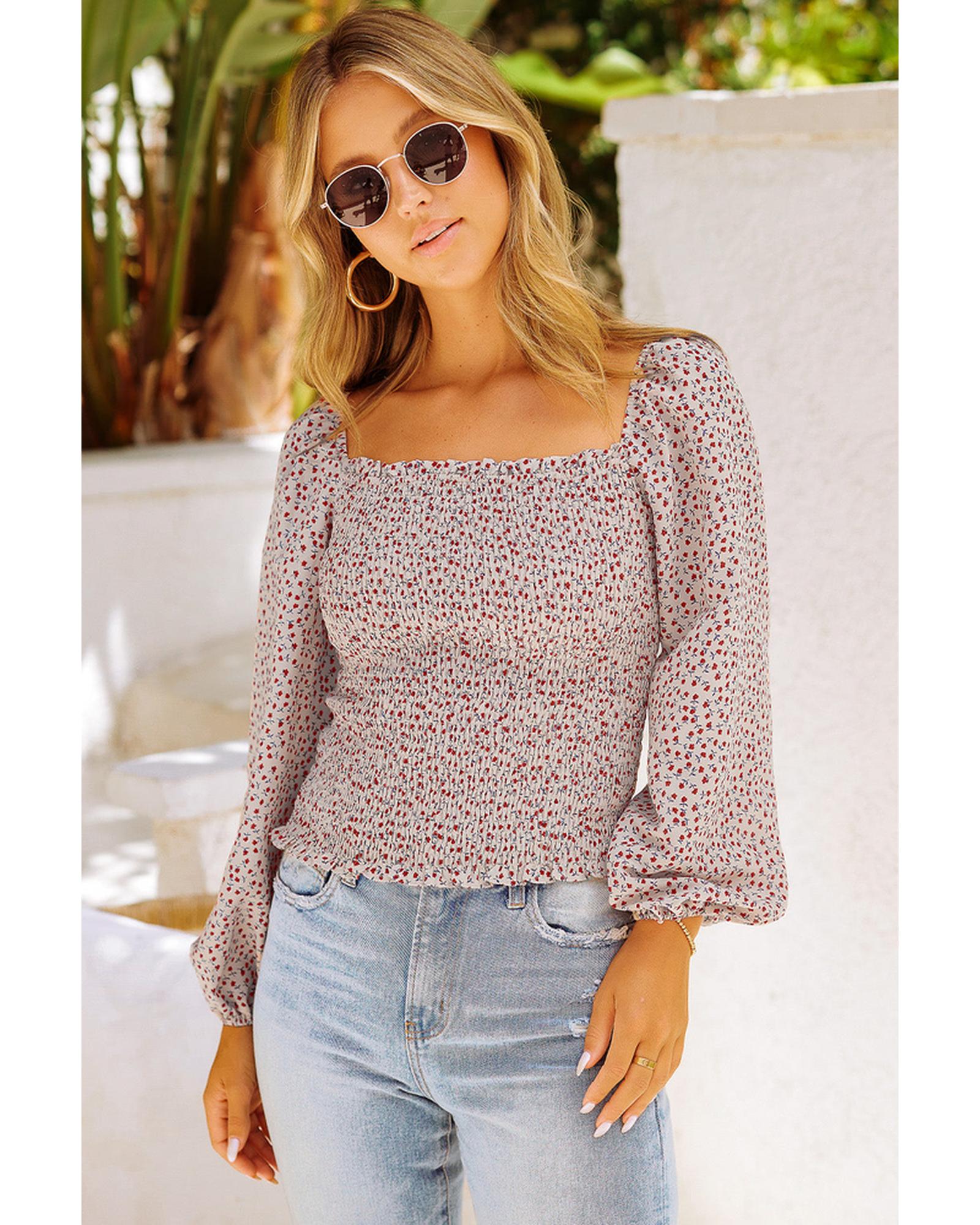 Azura Exchange Puff Sleeve Floral Smocked Top - L