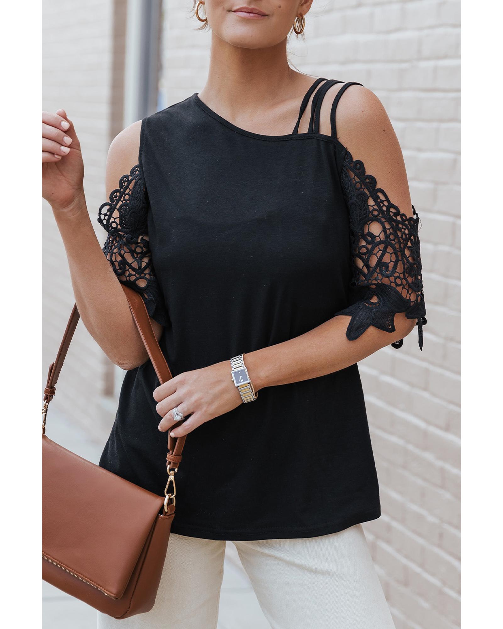 Azura Exchange Lace Splicing Strappy Cold Shoulder Top - M