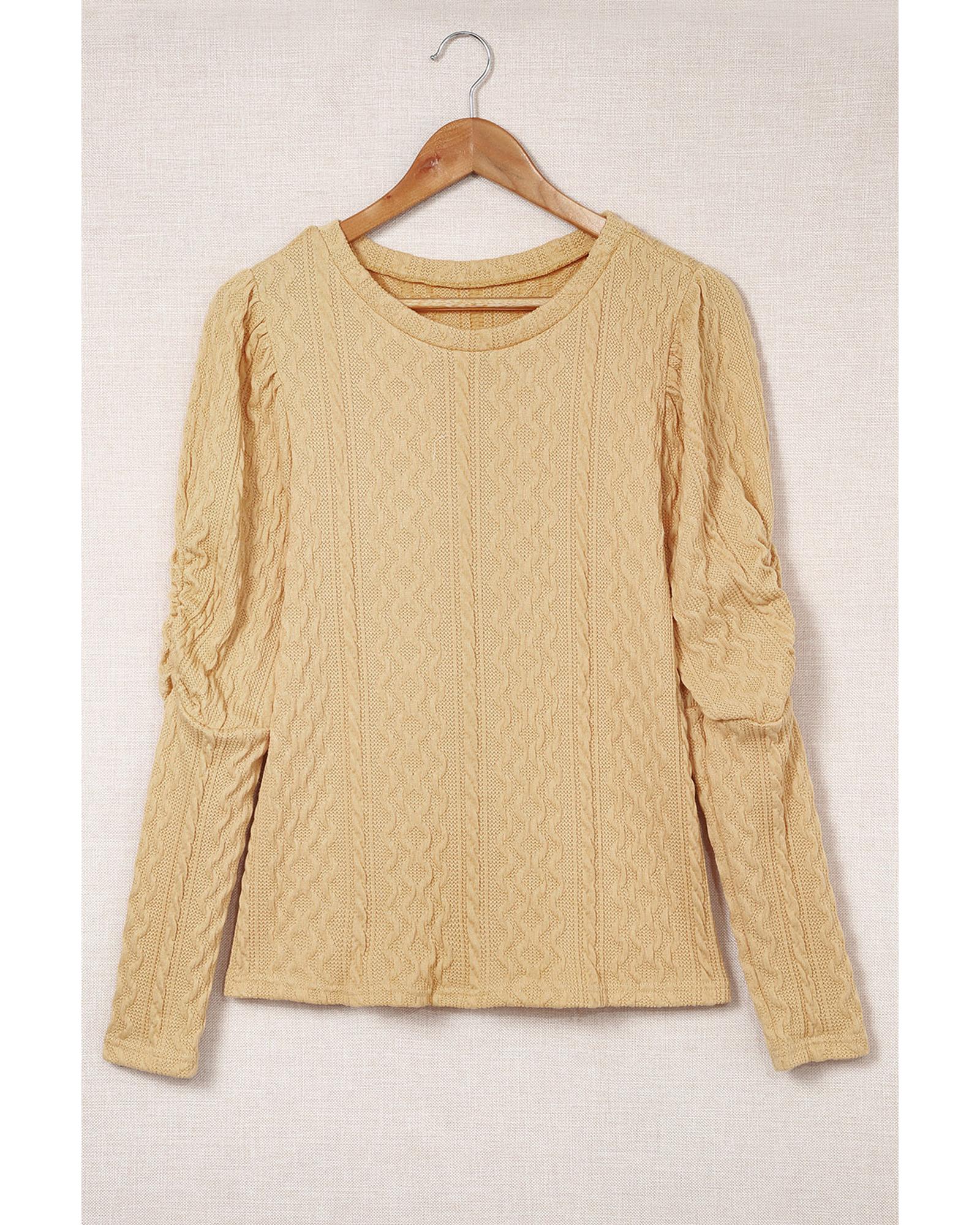 Azura Exchange Puffy Sleeve Khaki Textured Knit Top - S