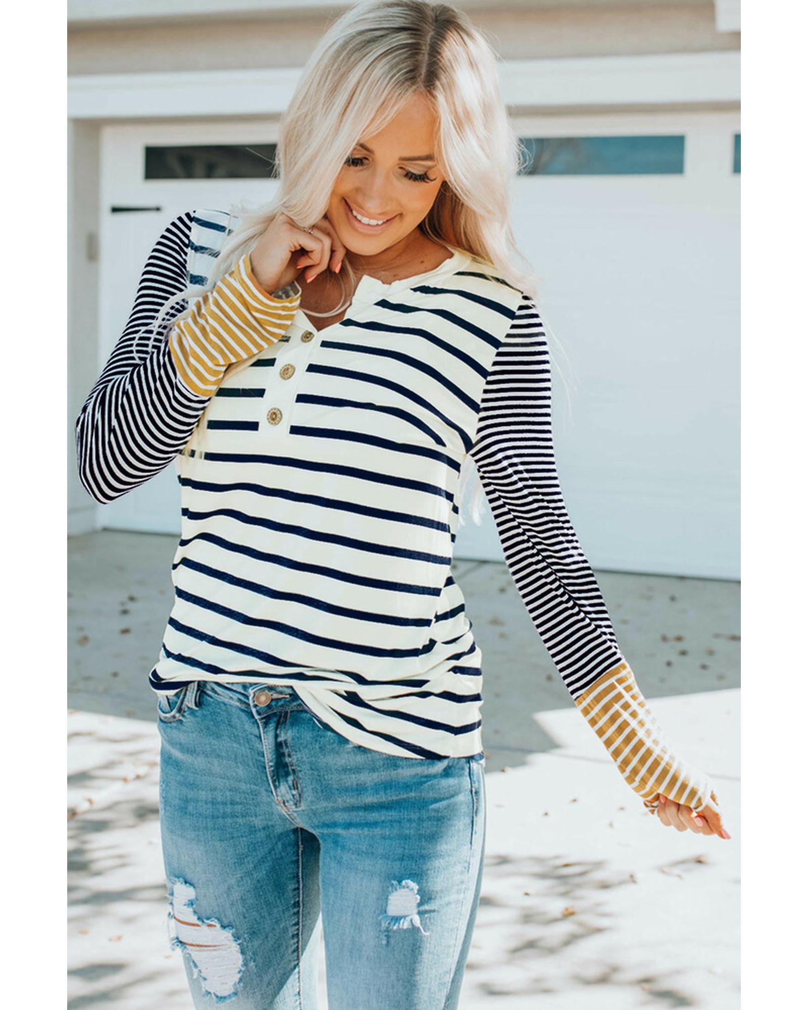 Azura Exchange Stripe Button Henley Top - XL