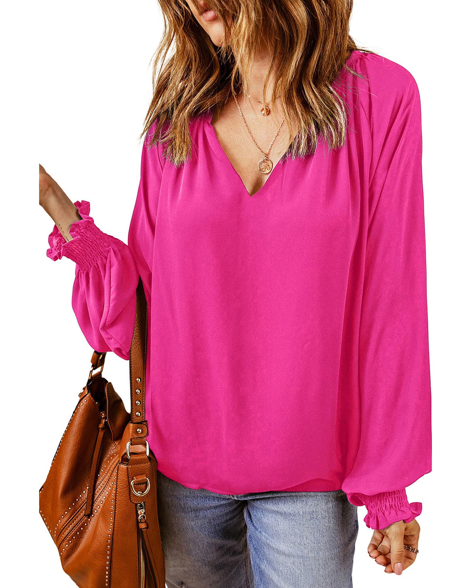 Azura Exchange Pleated V Neck Puffy Sleeve Blouse - S