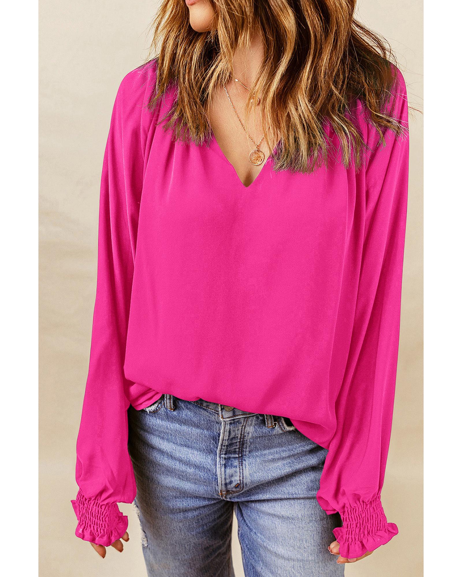 Azura Exchange Pleated V Neck Puffy Sleeve Blouse - S