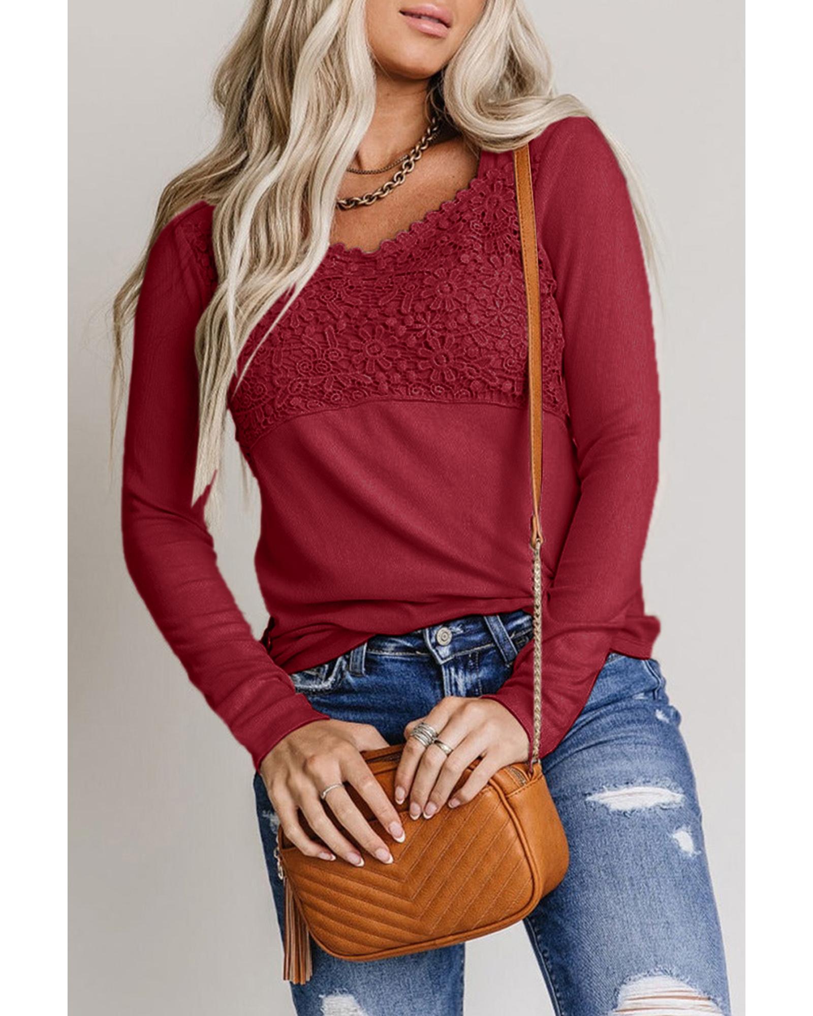 Azura Exchange Lace Crochet V Neck Long Sleeve Top - S