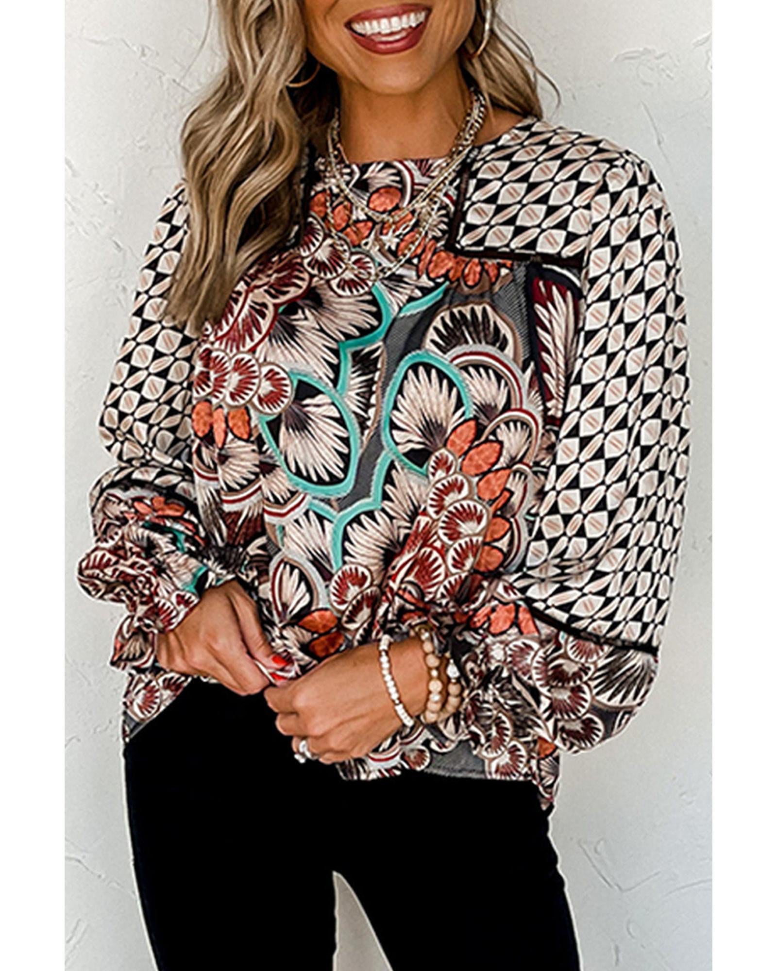 Azura Exchange Mixed Floral Geometric Print Ruffled Blouse - L