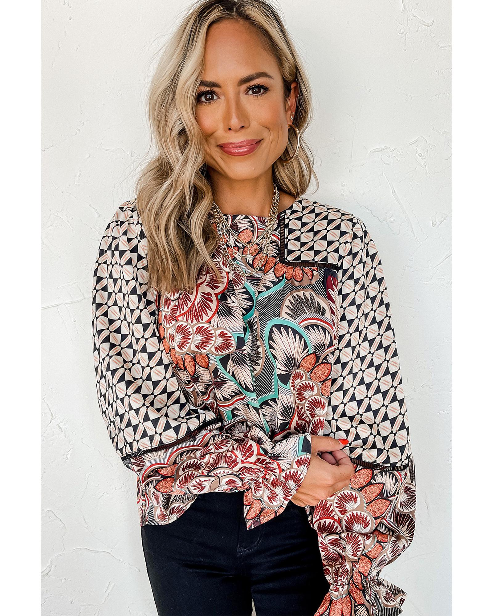 Azura Exchange Mixed Floral Geometric Print Ruffled Blouse - L