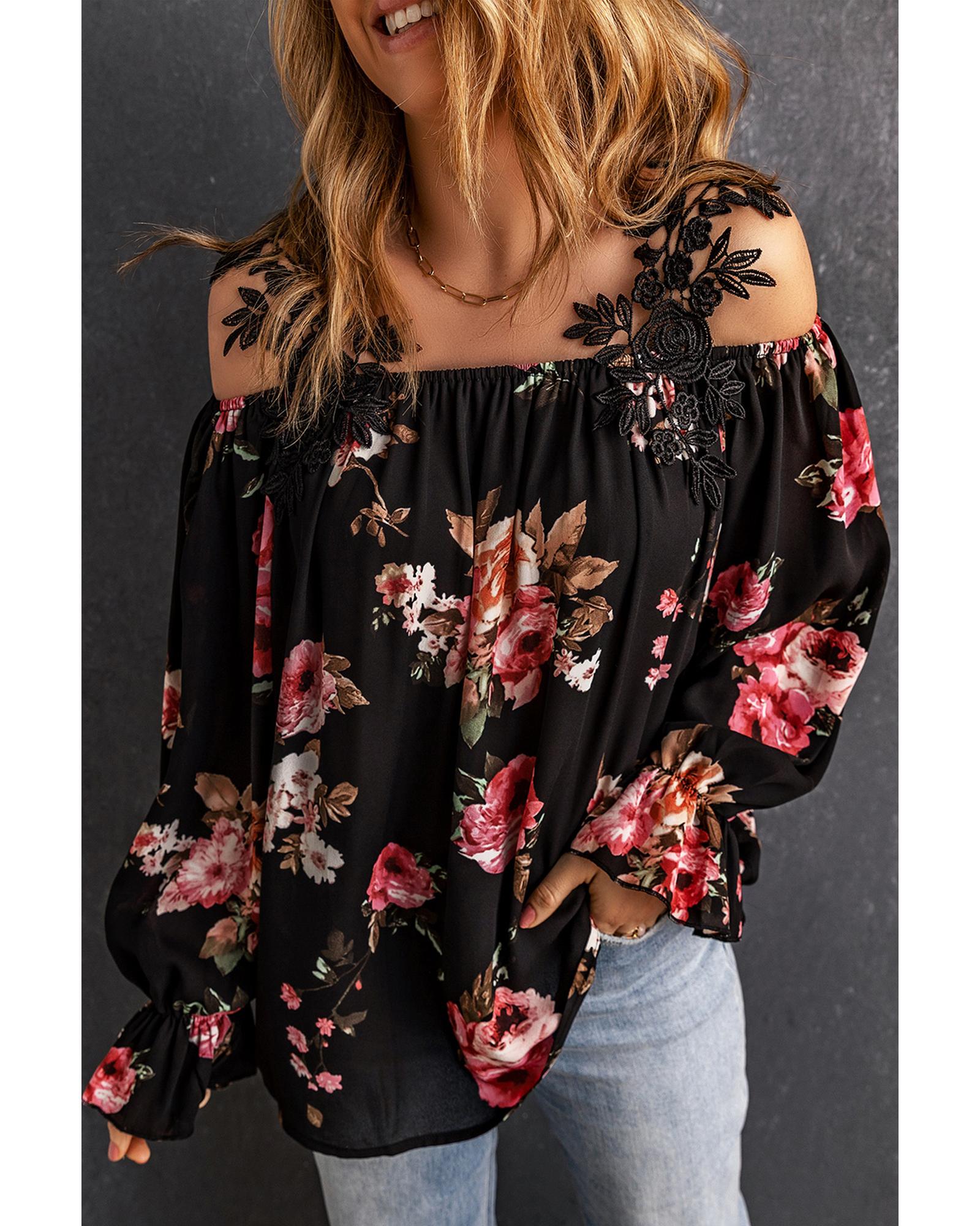 Azura Exchange Lace Patchwork Cold Shoulder Blouse - M