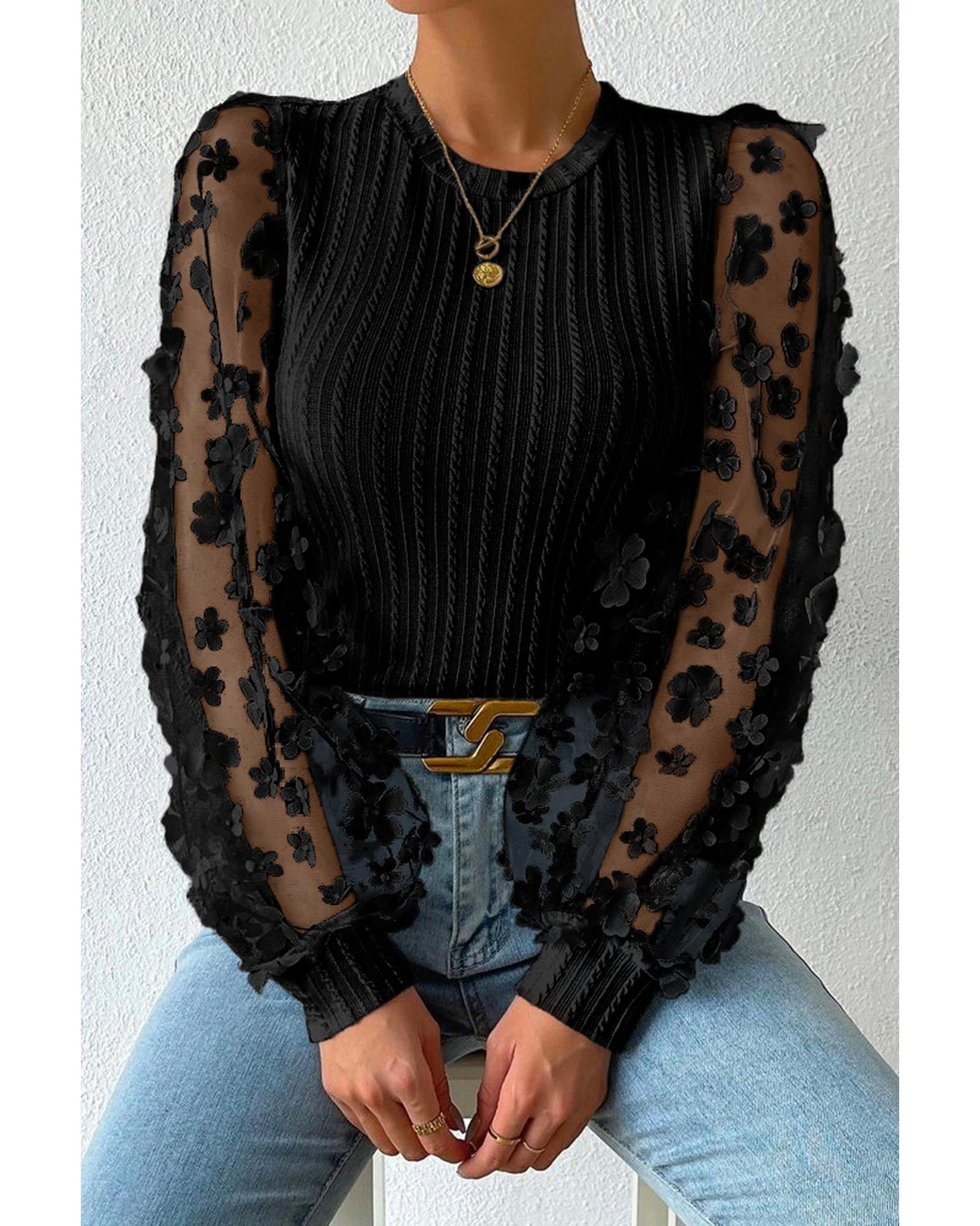 Azura Exchange Textured Knit Blouse with Floral Applique Mesh Sleeves - S