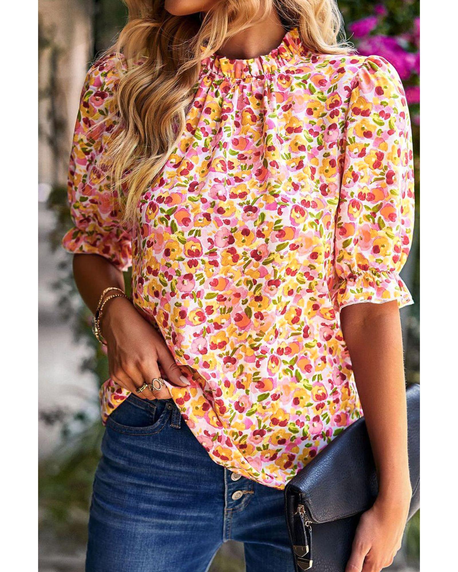 Azura Exchange Floral Ruffle Mock Neck Blouse - M