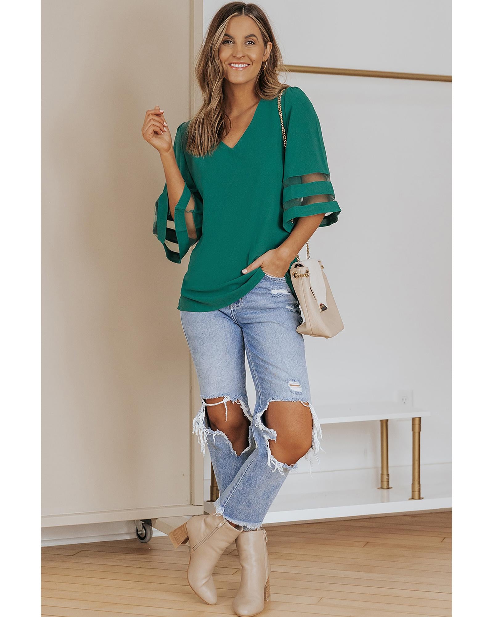 Azura Exchange Flare Sleeve V Neck Loose Blouse - M