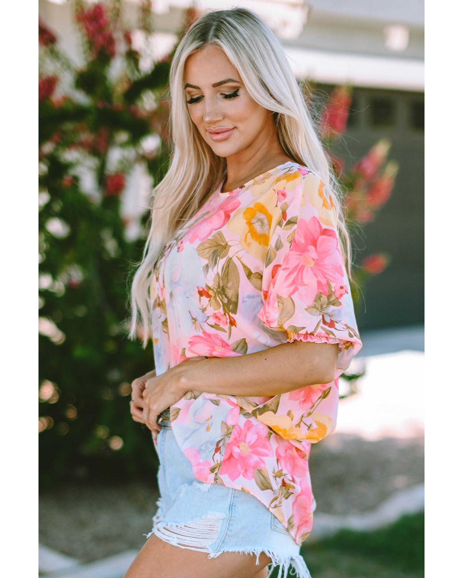 Azura Exchange Floral Blouse with Shirred Cuff Sleeves - L