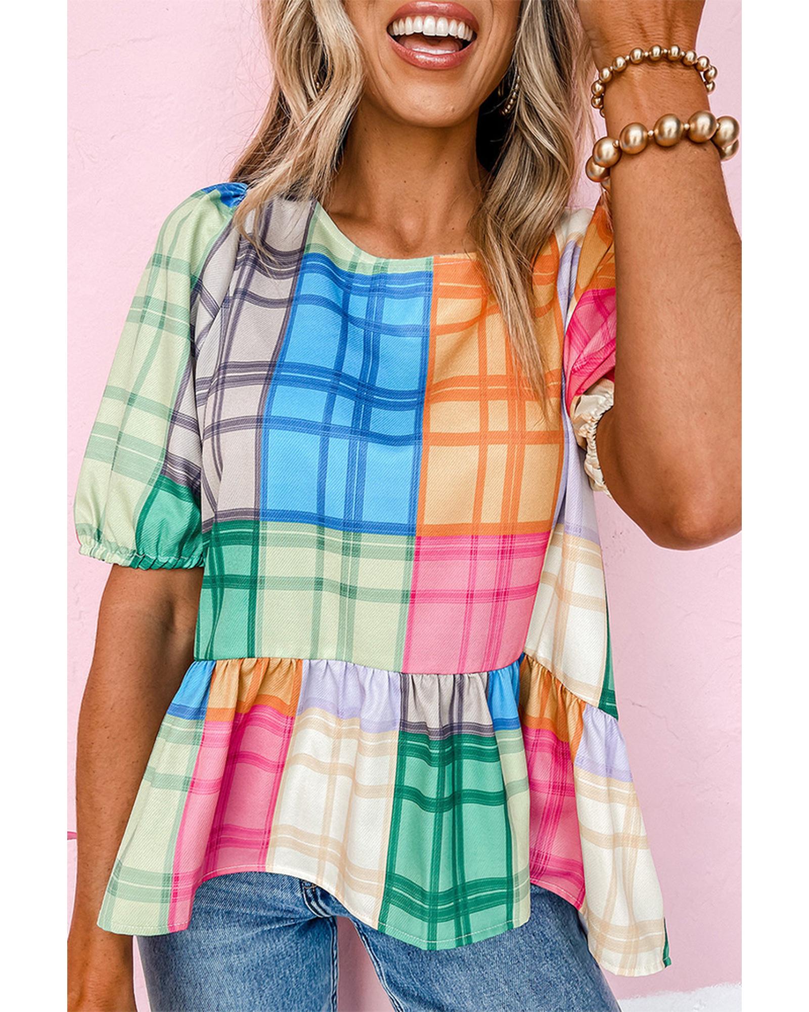 Azura Exchange Bold Plaid Color Block Puff Sleeve Peplum Top - M