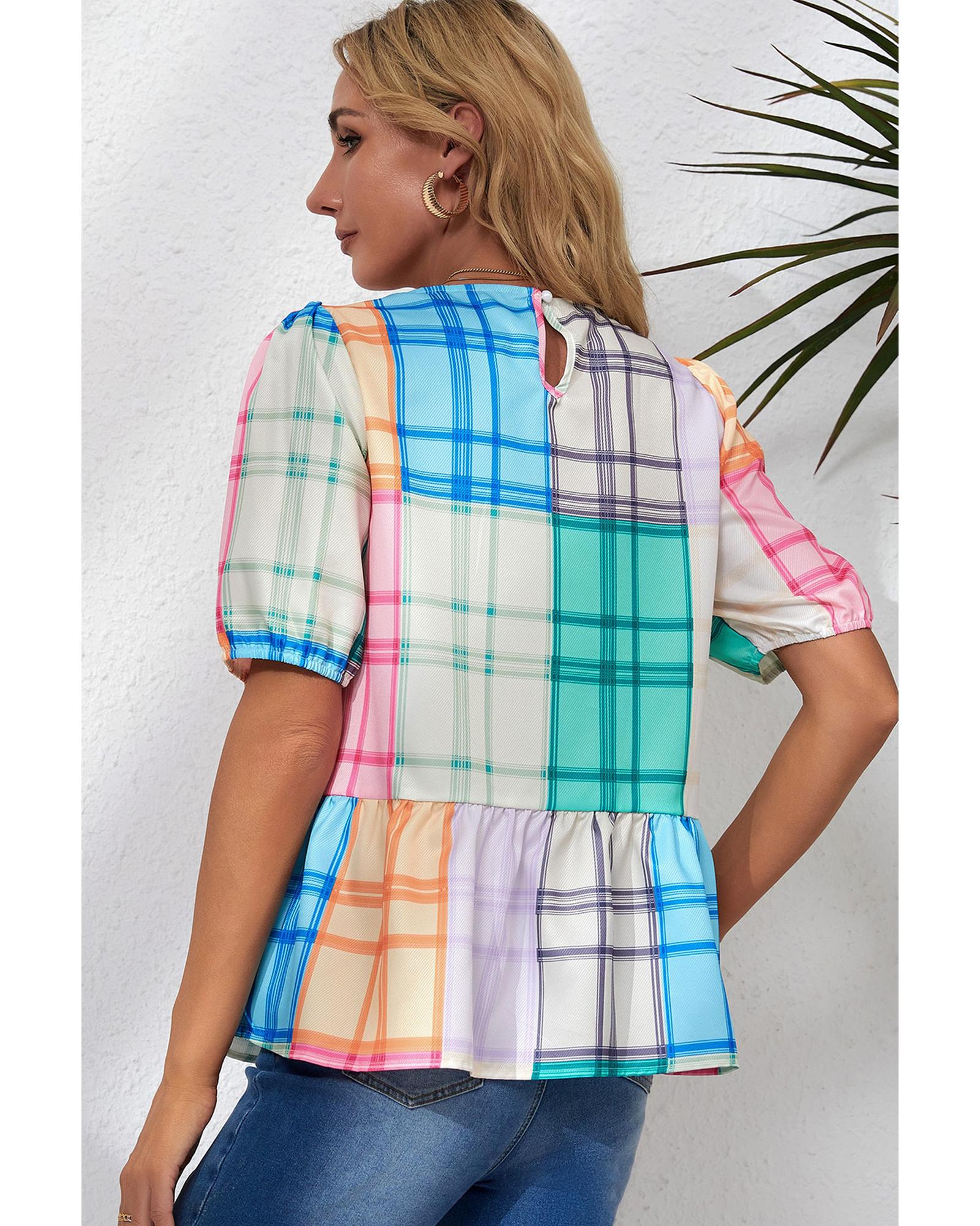 Azura Exchange Bold Plaid Color Block Puff Sleeve Peplum Top - M