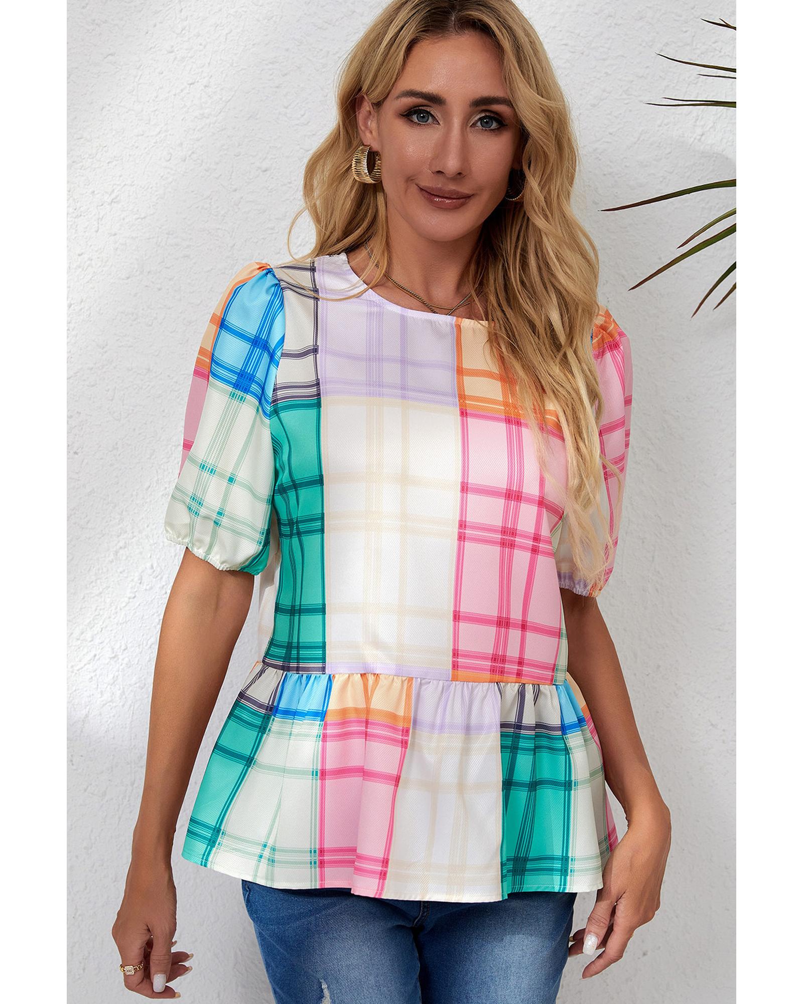 Azura Exchange Bold Plaid Color Block Puff Sleeve Peplum Top - S