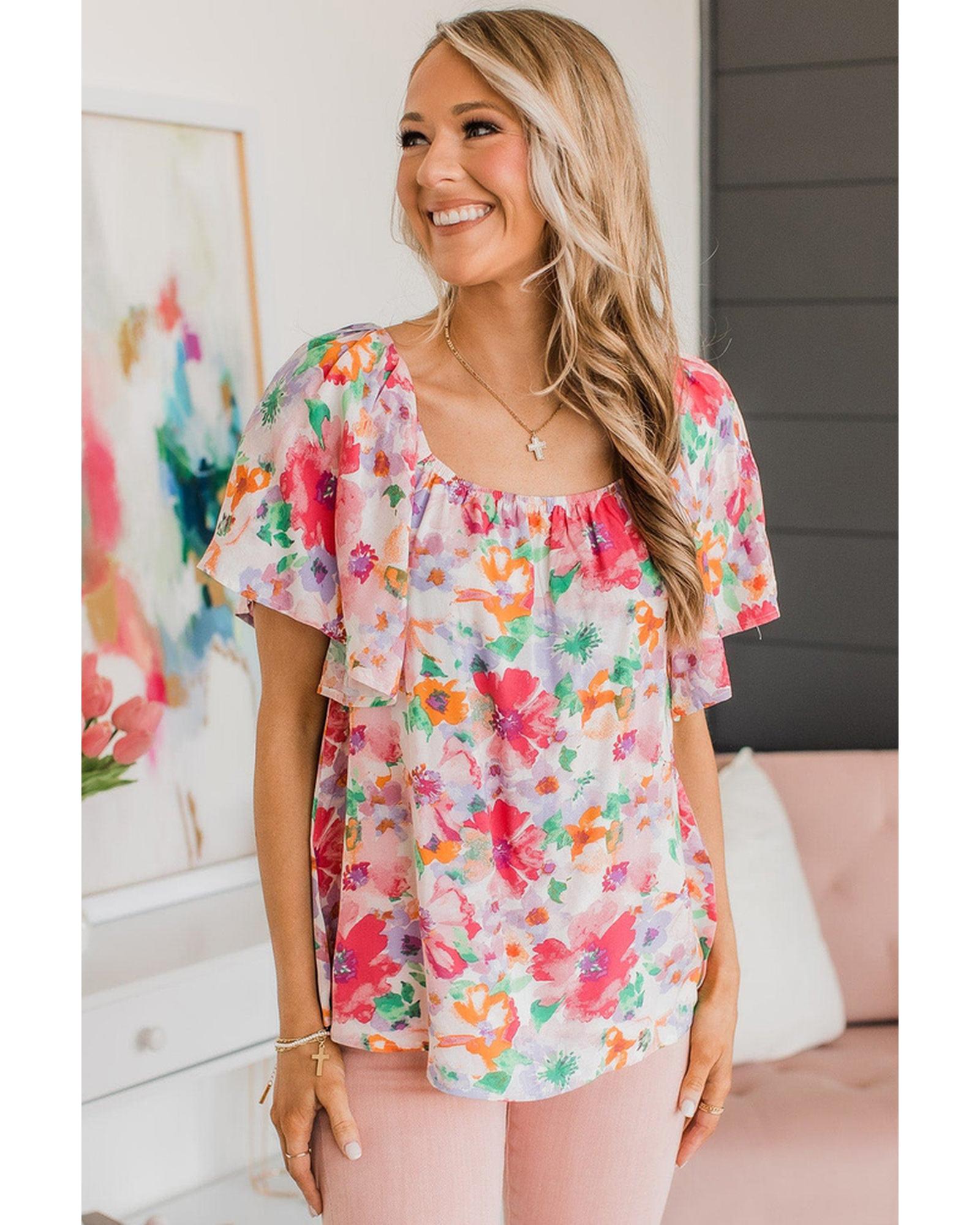 Azura Exchange Watercolor Floral Ruffle Sleeve Blouse - L