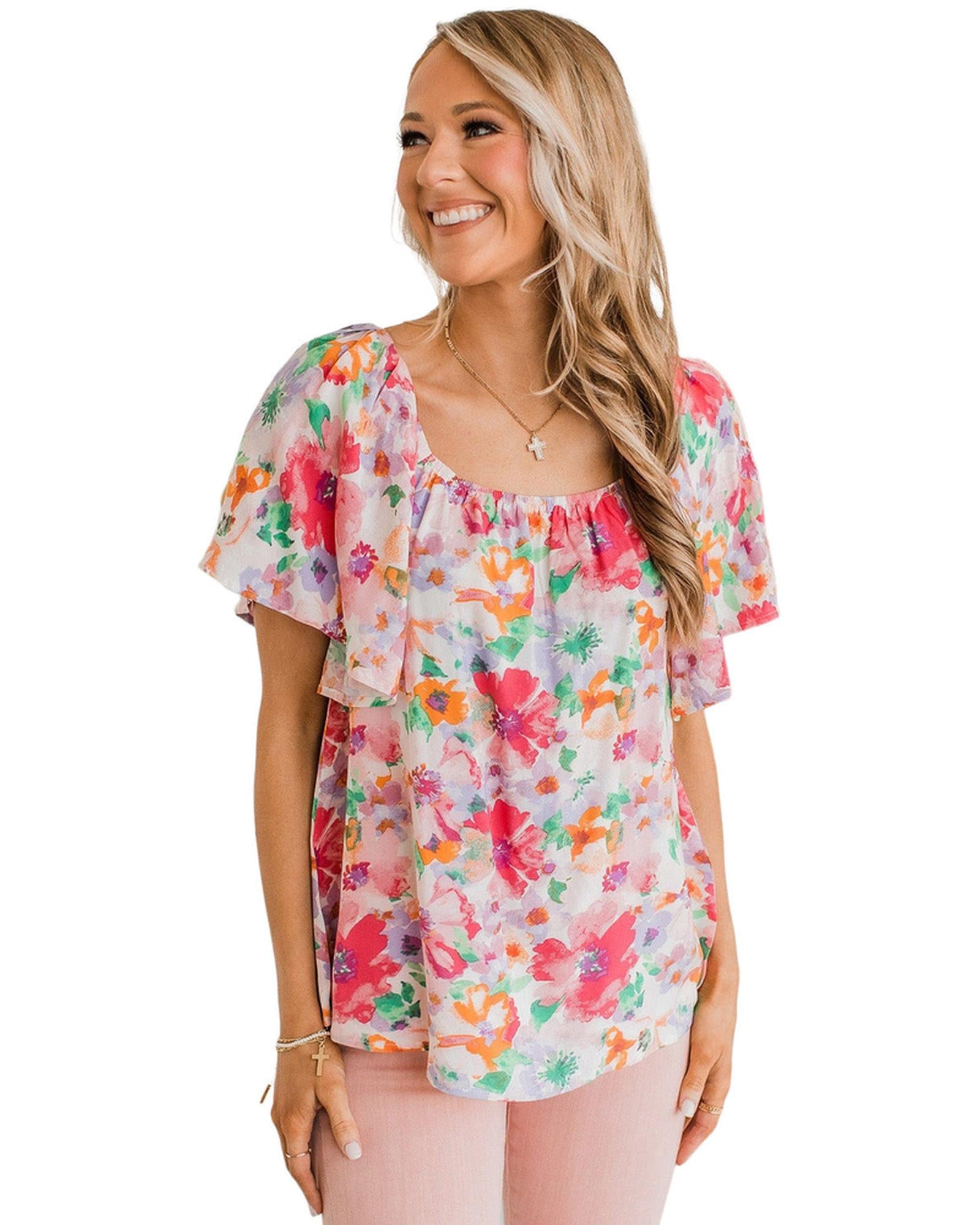 Azura Exchange Watercolor Floral Ruffle Sleeve Blouse - L