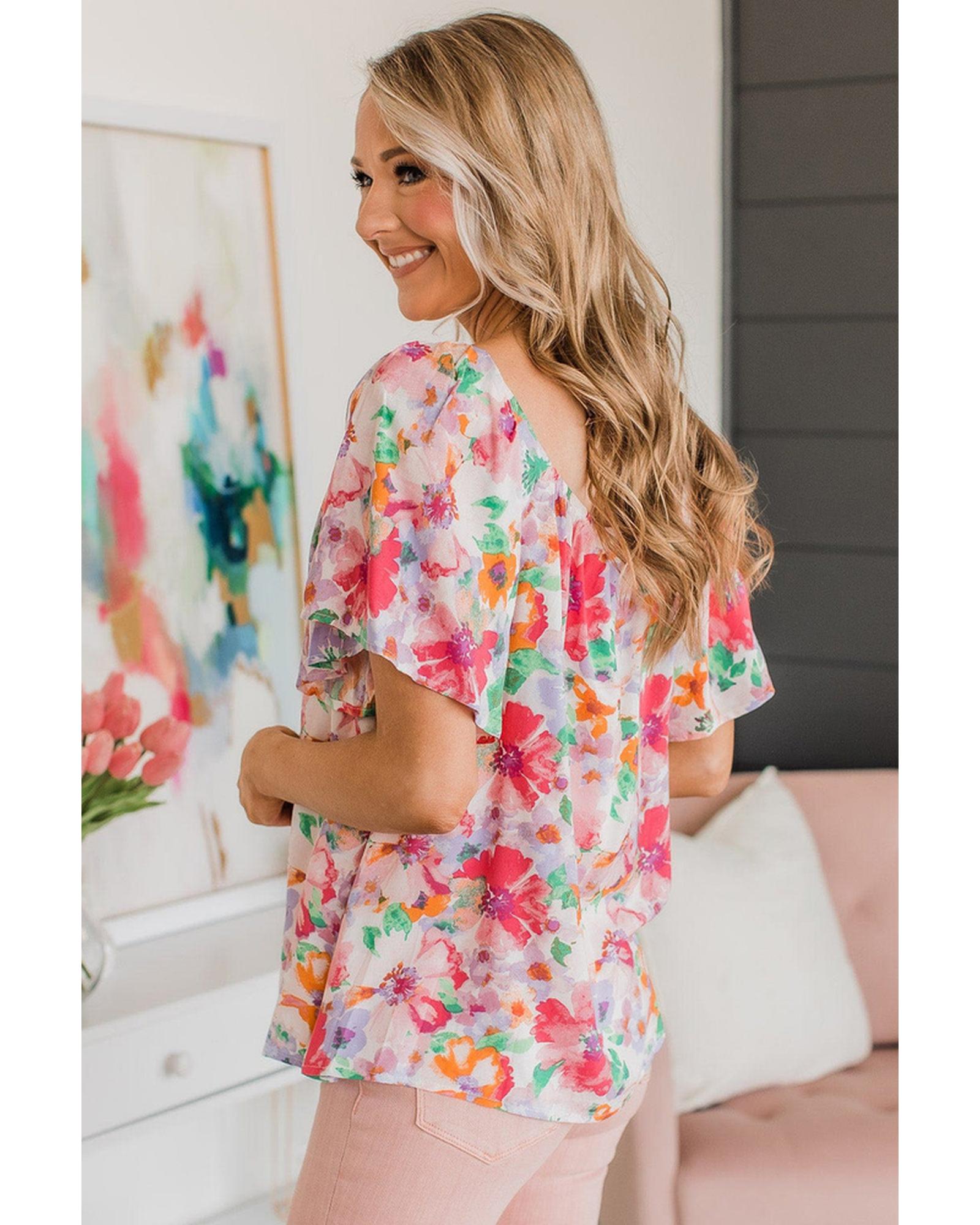 Azura Exchange Watercolor Floral Ruffle Sleeve Blouse - M