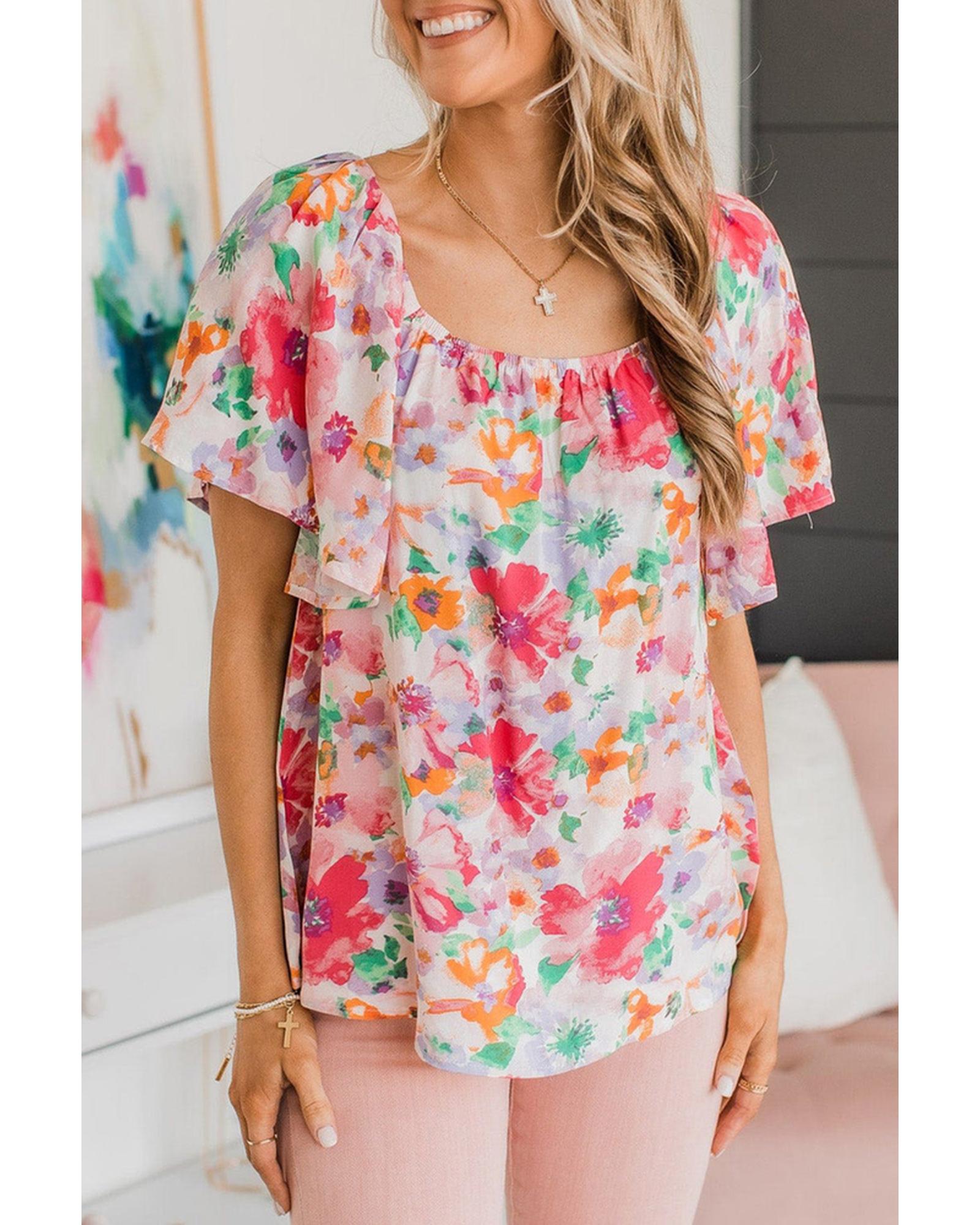 Azura Exchange Watercolor Floral Ruffle Sleeve Blouse - S