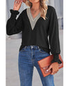 Azura Exchange Lace Panel V Neck Ruffle Blouse - M