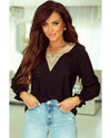 Azura Exchange Lace Panel V Neck Ruffle Blouse - M