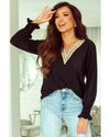 Azura Exchange Lace Panel V Neck Ruffle Blouse - M