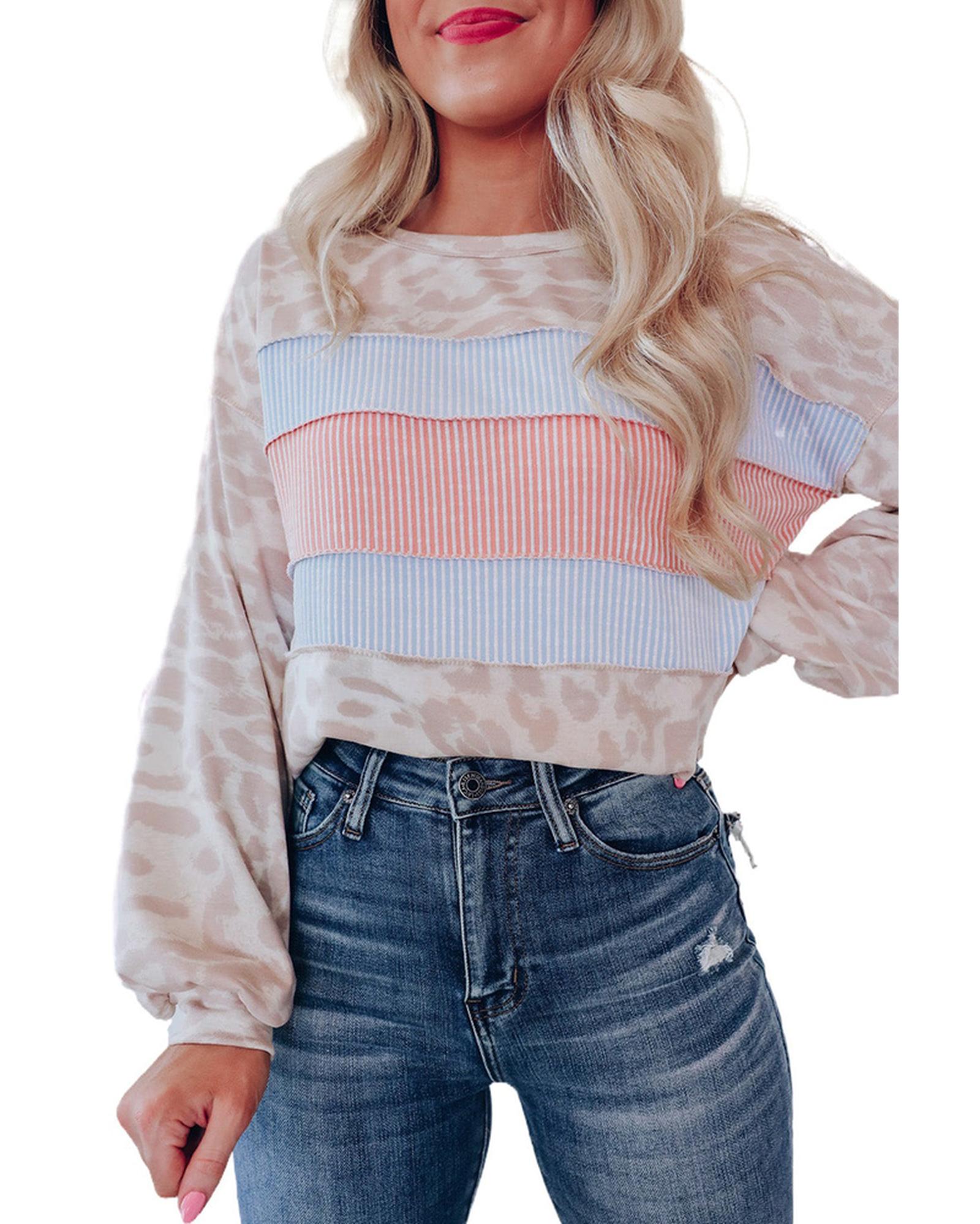 Azura Exchange Contrast Stripes Patchwork Puff Sleeve Knit Top - M