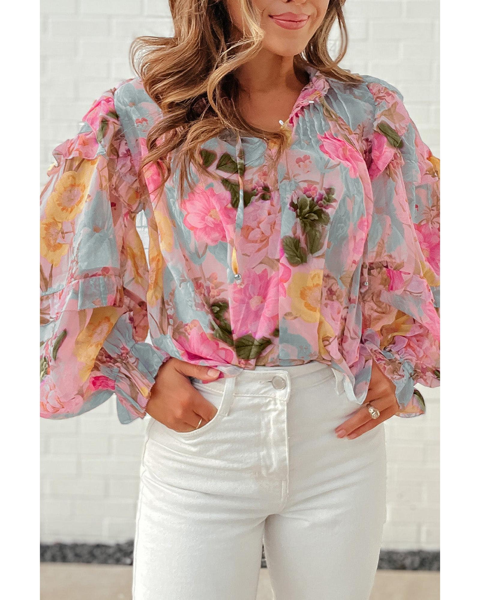 Azura Exchange Tiered Ruffled Long Sleeve Blouse - L