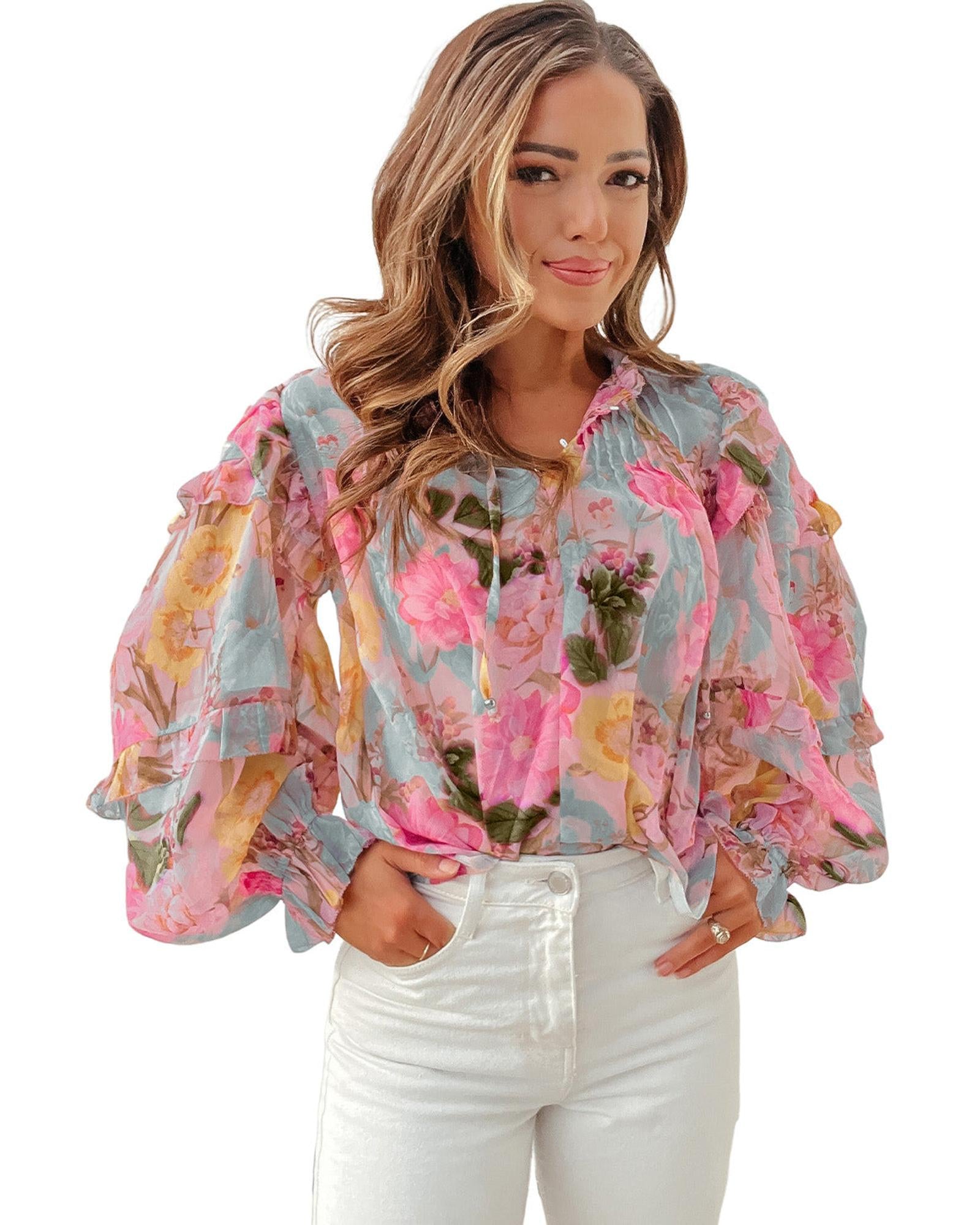 Azura Exchange Tiered Ruffled Long Sleeve Blouse - L