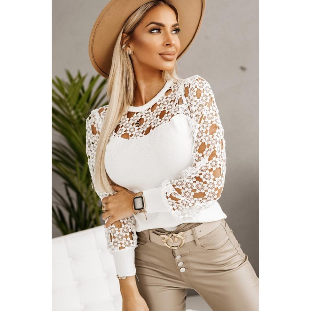 Azura Exchange Floral Lace Splicing Long Sleeve Top - M