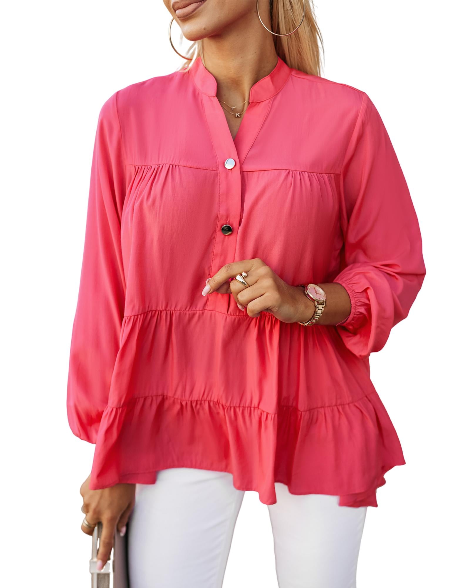 Azura Exchange Half Buttoned Ruffle Tiered Long Sleeve Blouse - S