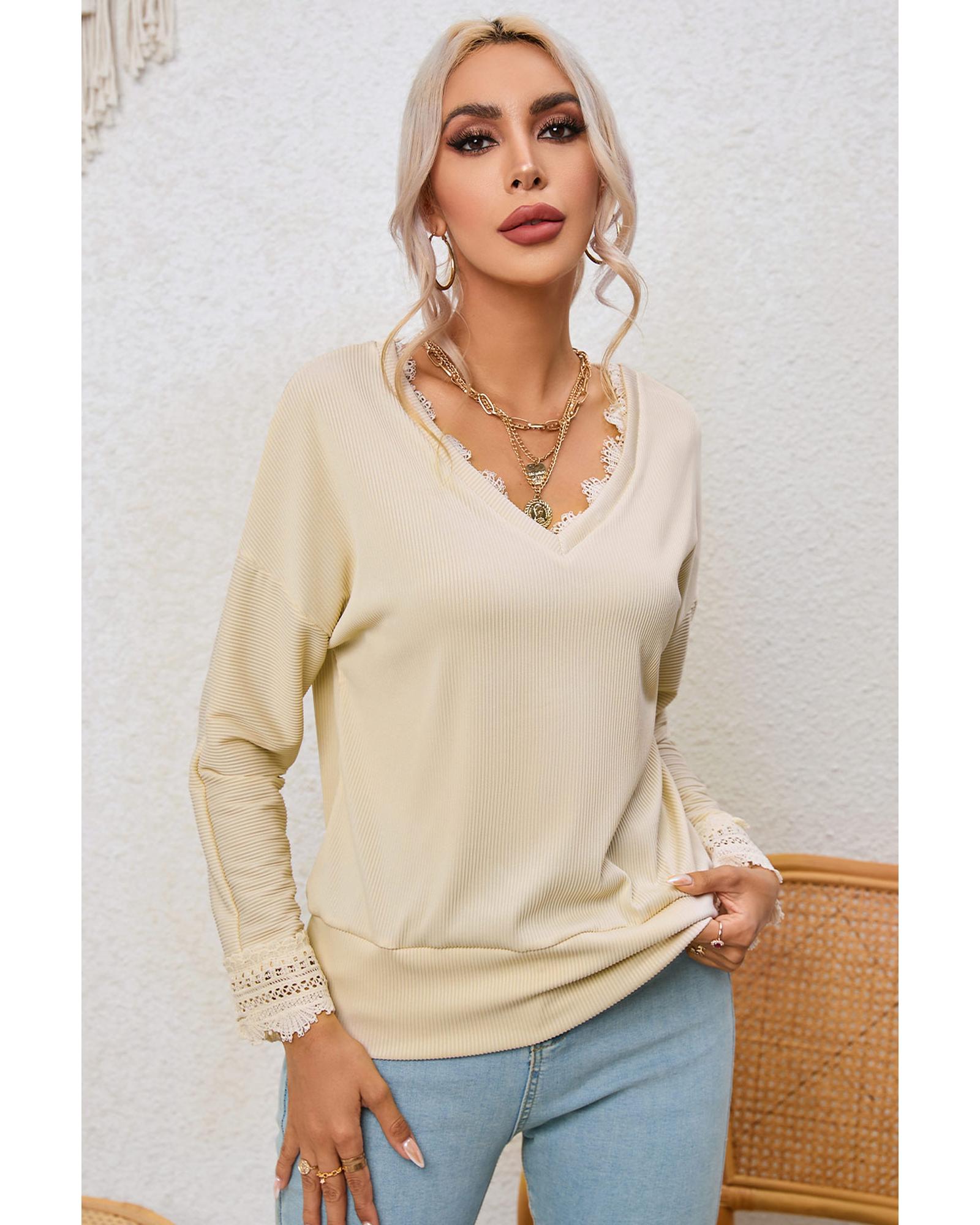 Azura Exchange Lace Trim V Neck Long Sleeve Top - XL