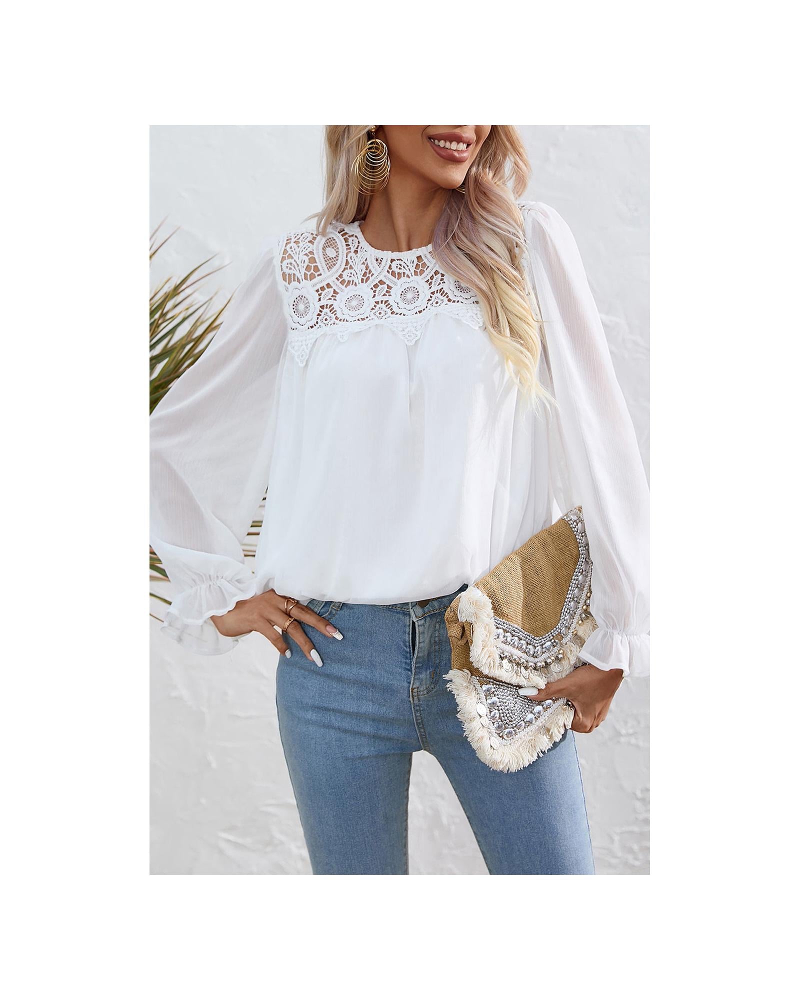 Azura Exchange Lace Patch Sheer Flounce Sleeve Blouse - L