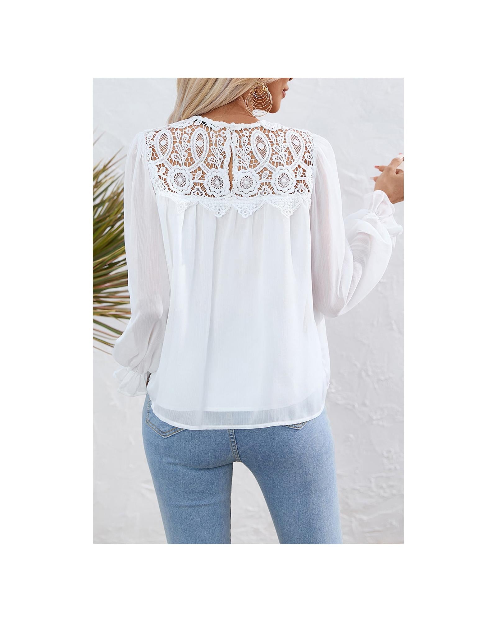 Azura Exchange Lace Patch Sheer Flounce Sleeve Blouse - L