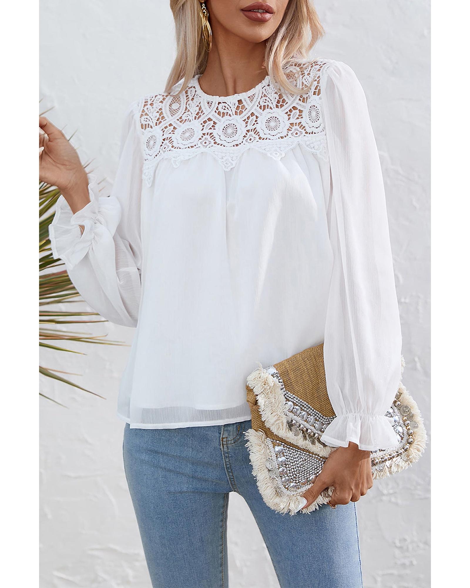 Azura Exchange Lace Patch Sheer Flounce Sleeve Blouse - L