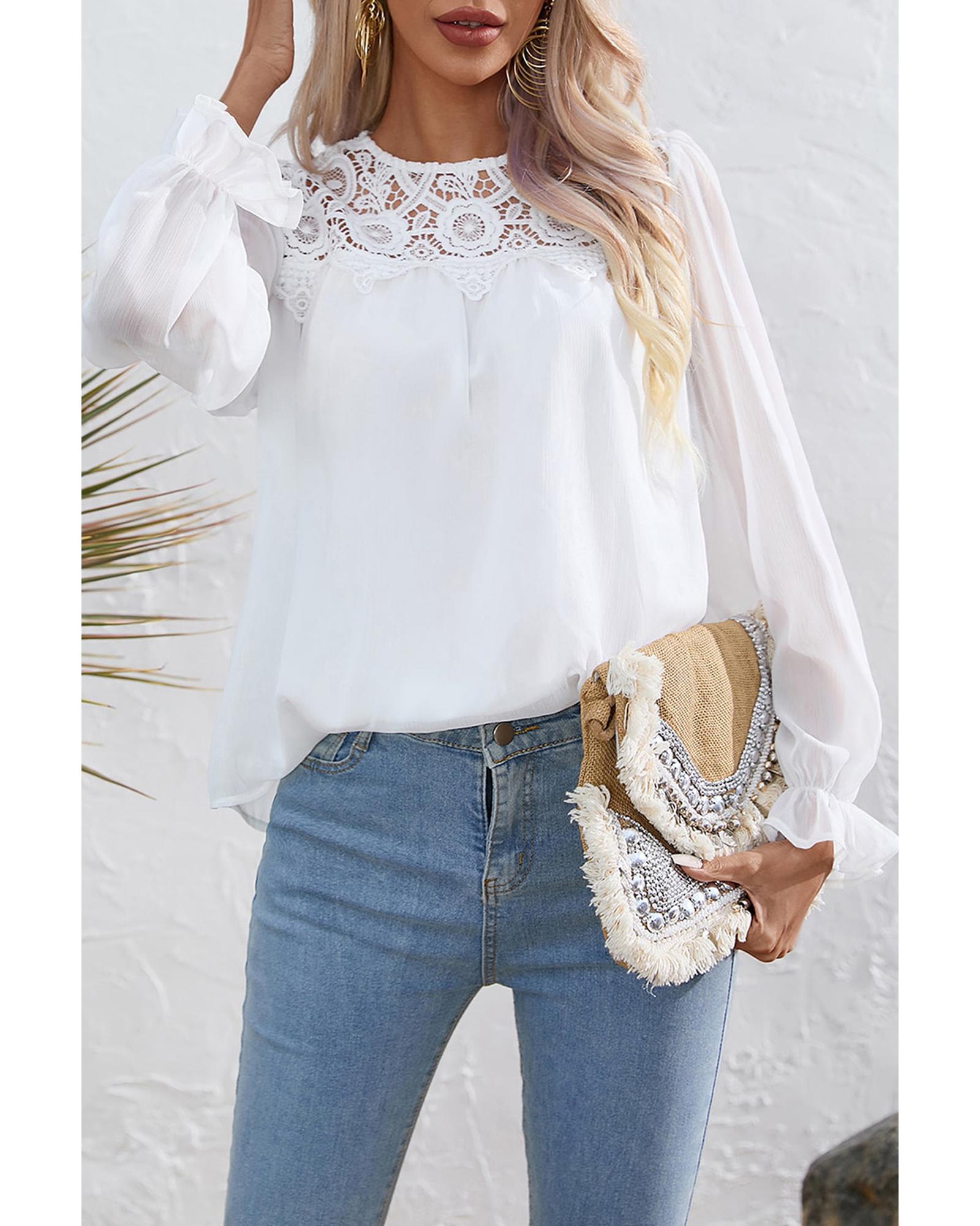 Azura Exchange Lace Patch Sheer Flounce Sleeve Blouse - L