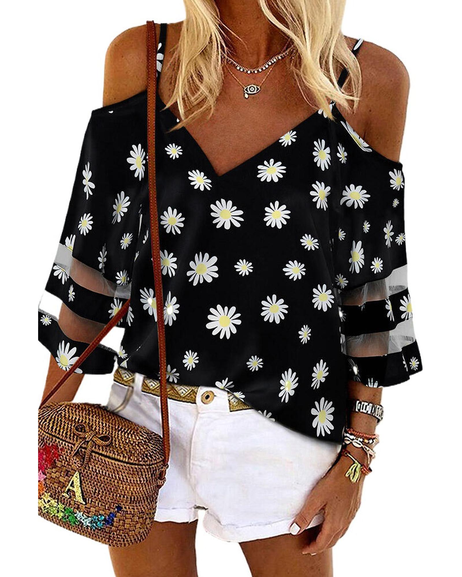 Azura Exchange Floral Cold Shoulder Blouse - M