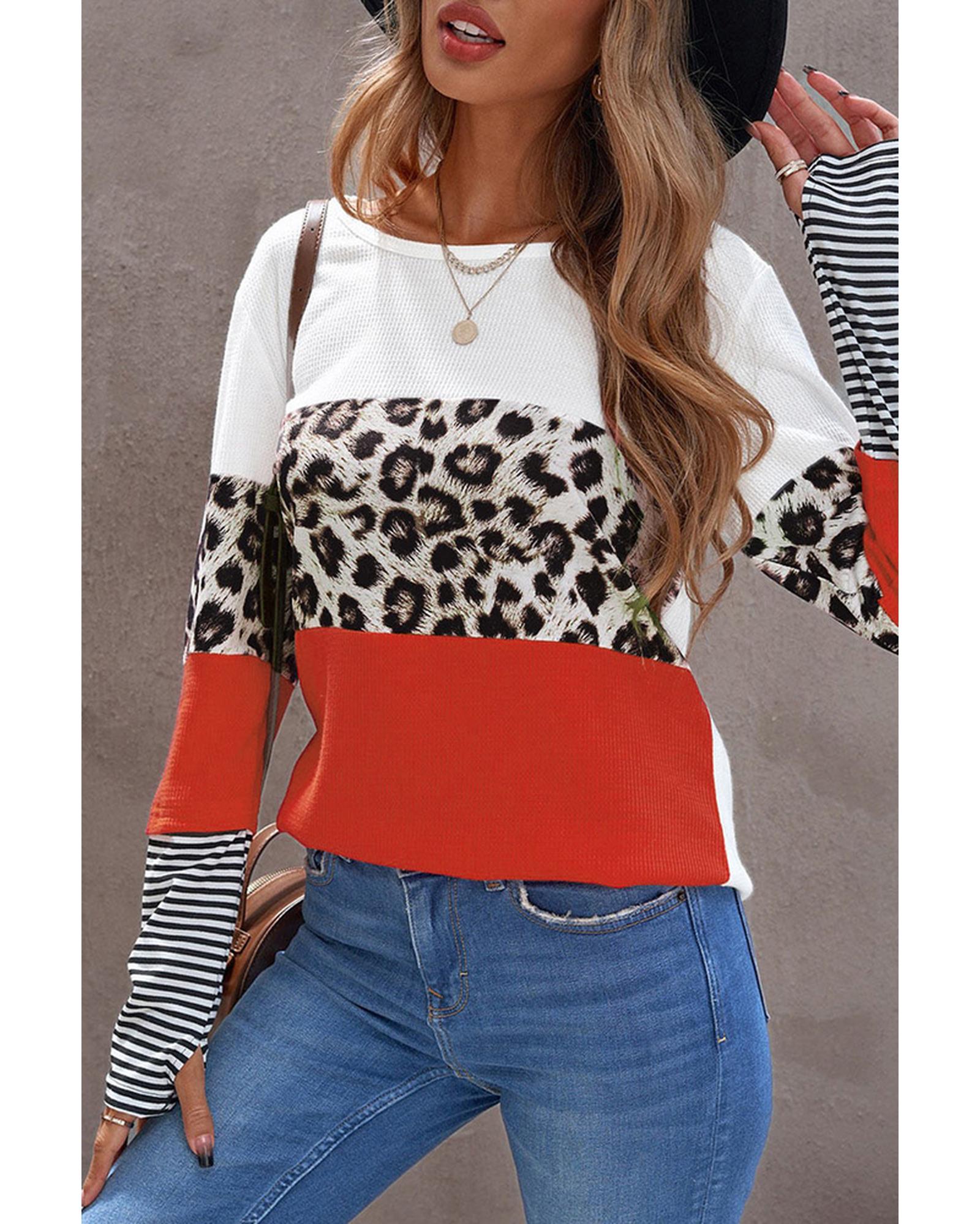 Azura Exchange Leopard Colorblock Long Sleeve Top - XL