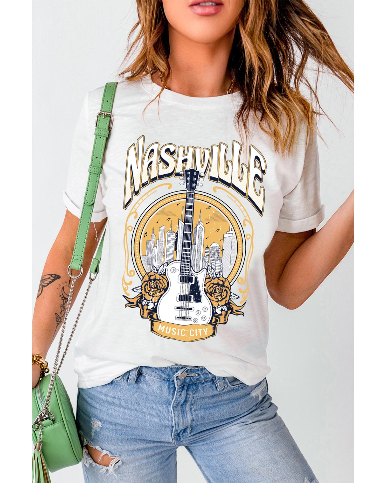 Azura Exchange Nashville Guitar Floral Print T-Shirt - M