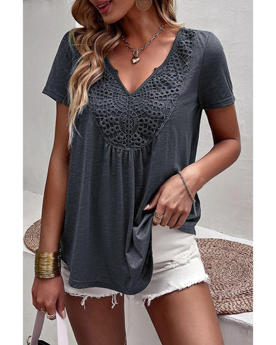 Azura Exchange Lace Crochet Patchwork V Neck T Shirt - M