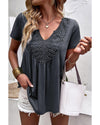Azura Exchange Lace Crochet Patchwork V Neck T Shirt - S