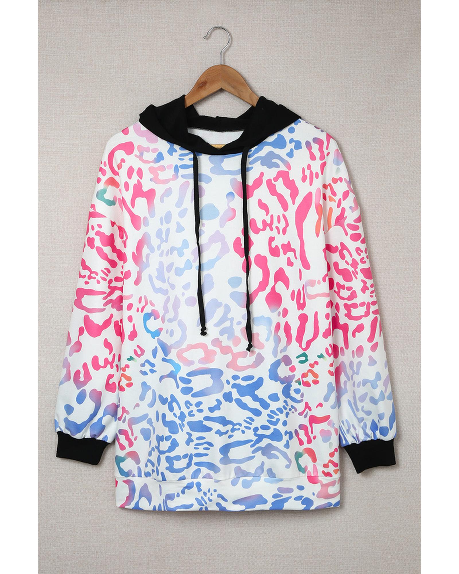 Azura Exchange Leopard Drawstring Hoodie with Colorful Splicing - L