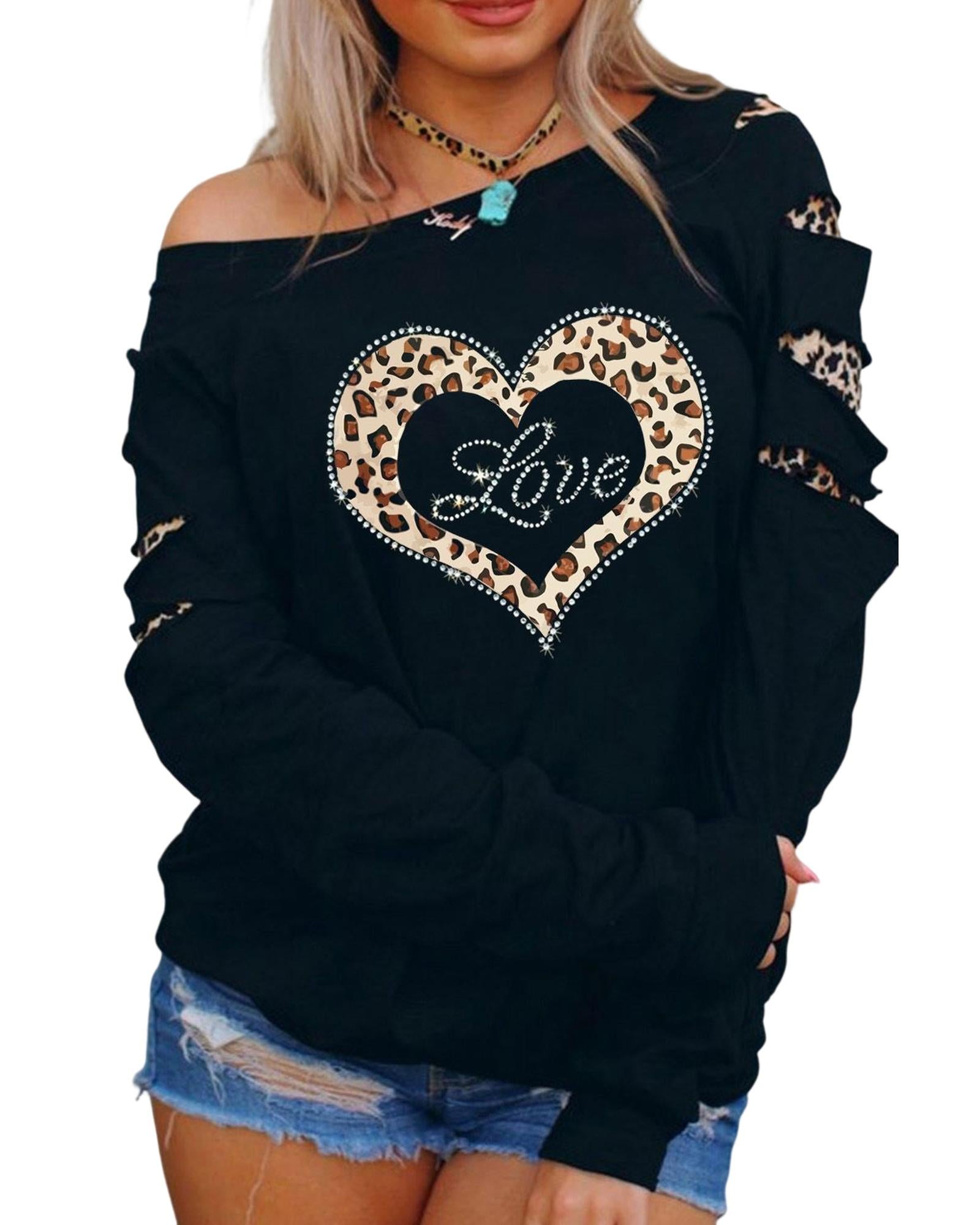 Azura Exchange Leopard Rhinestone Heart Graphic Sweatshirt - M